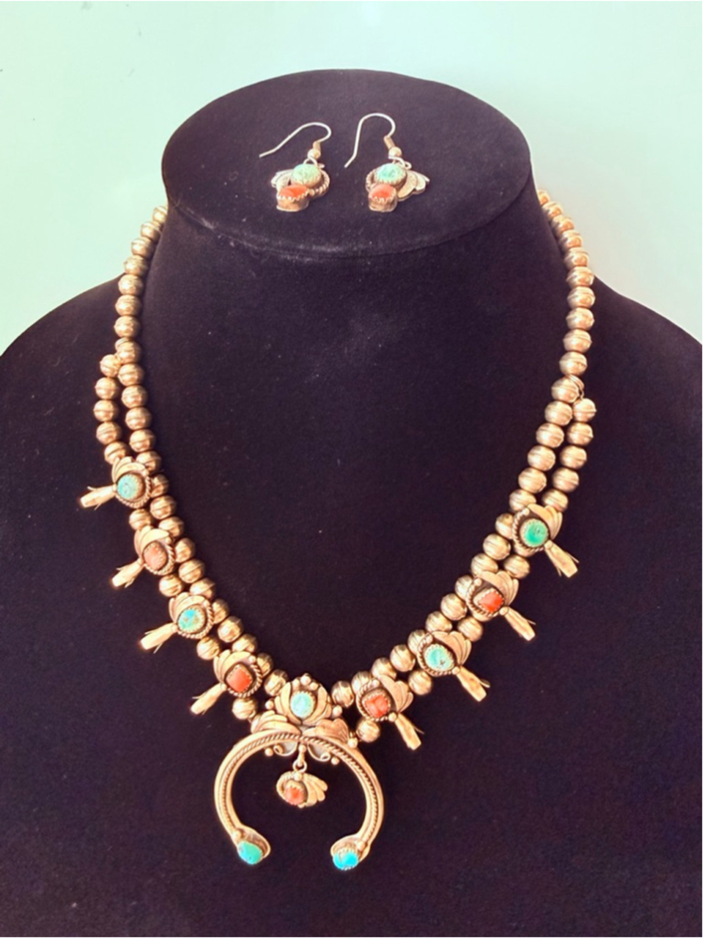 Old Pawn Navajo Squash Blossom Turquoise Coral Sterling VTG Necklace, Earrings - Picture 3 of 11